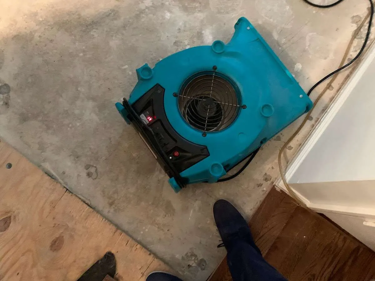 Air mover drying subfloor during Commercial Water Damage Restoration in Beaufort